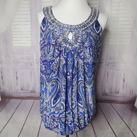 INC BLUE PAISLEY SIZE 0X 1X 2X EMBELLISHED TOP BLO - Picture 3 of 8